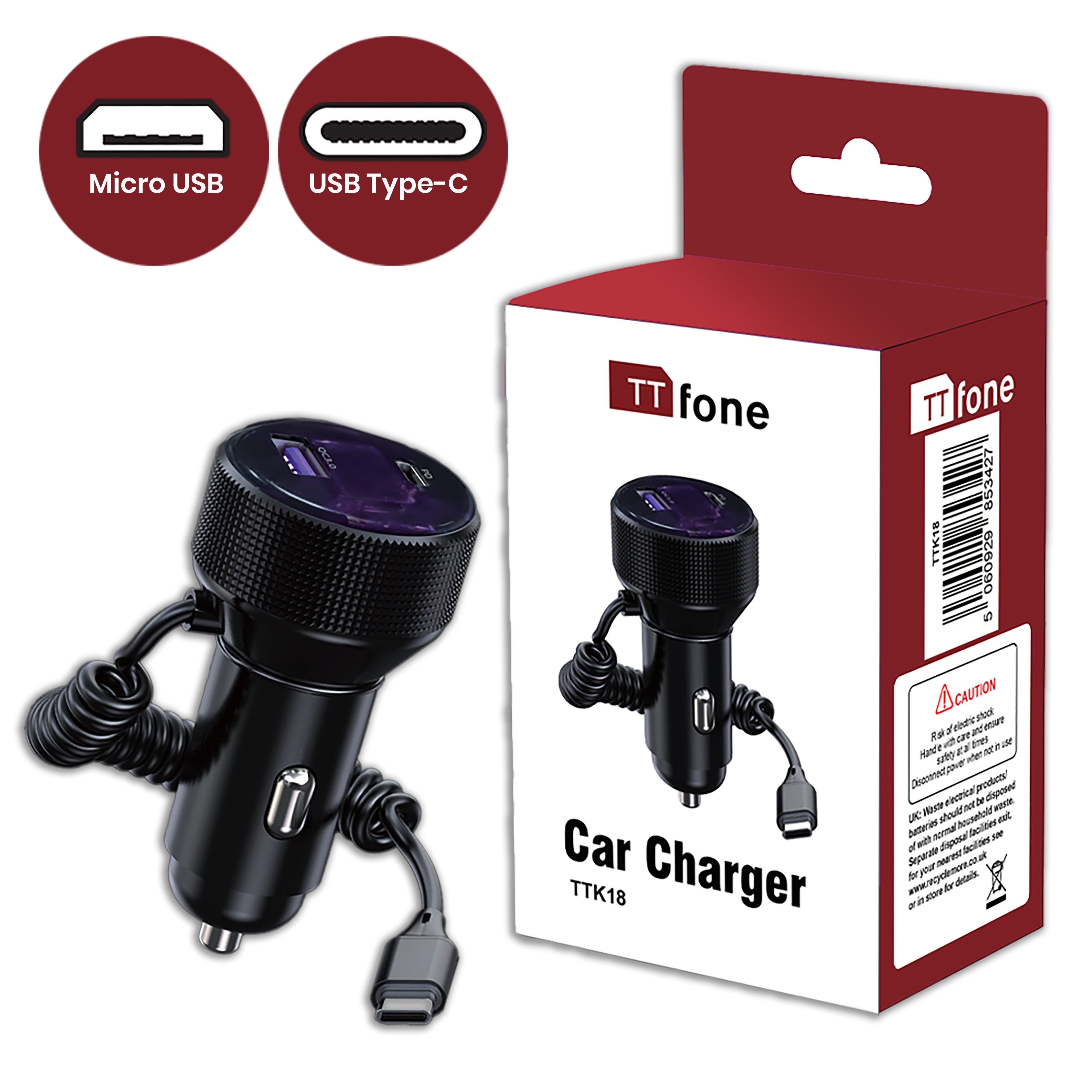 Black 12V car charger with attached Type-C and Micro USB dual connector charging cables.