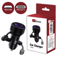 Black 12V car charger with attached Type-C and Micro USB dual connector charging cables.