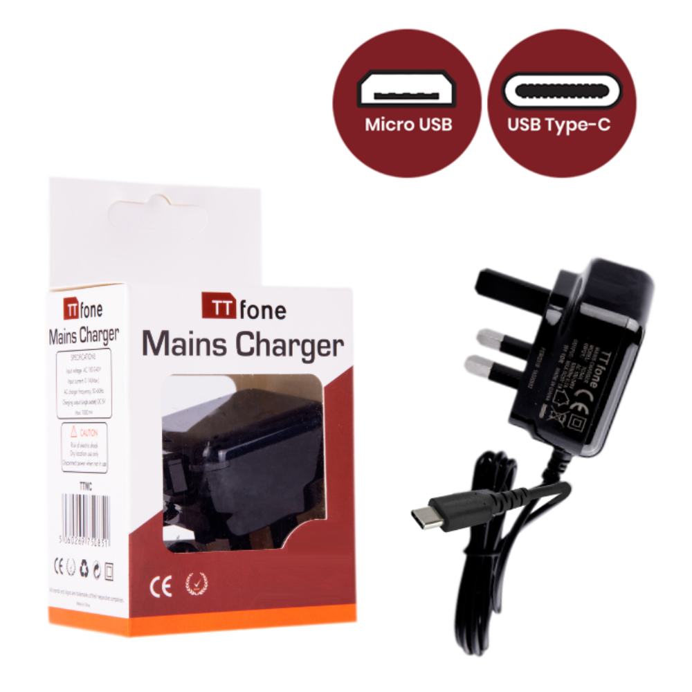 Official TTfone mains charger with MicroUSB and Type-C cable for reliable fast device charging