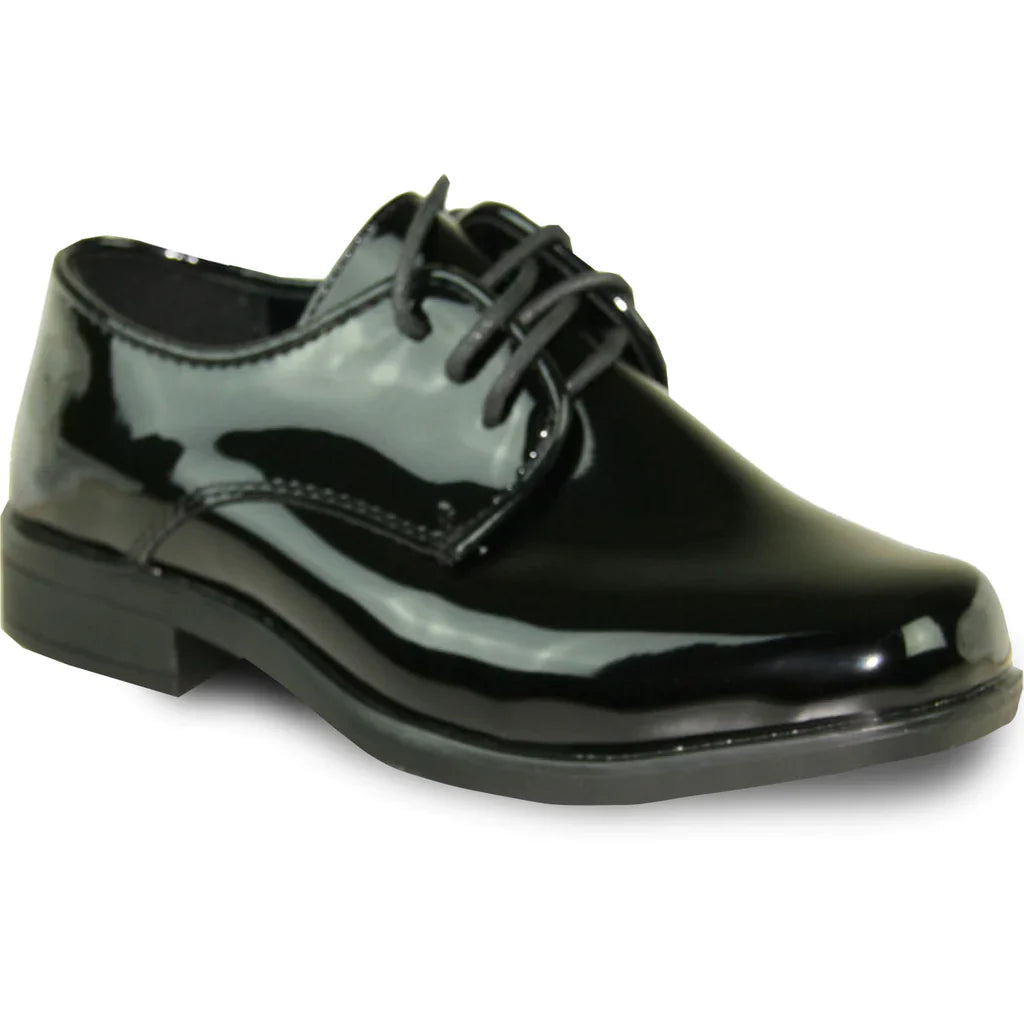 Boys formal tuxedo dress shoe in a sleek patent finish with classic lace up closure