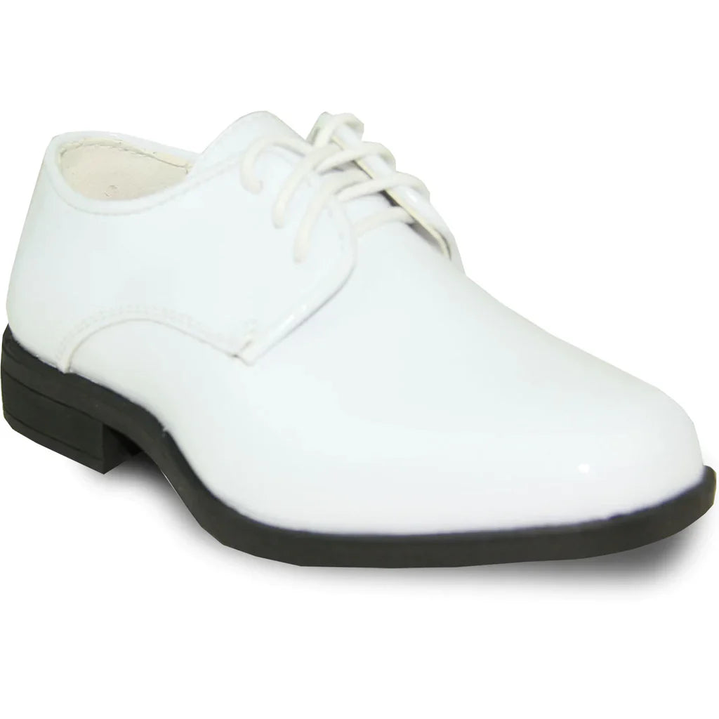 Boys formal tuxedo dress shoe in a sleek patent finish with classic lace up closure — view 2