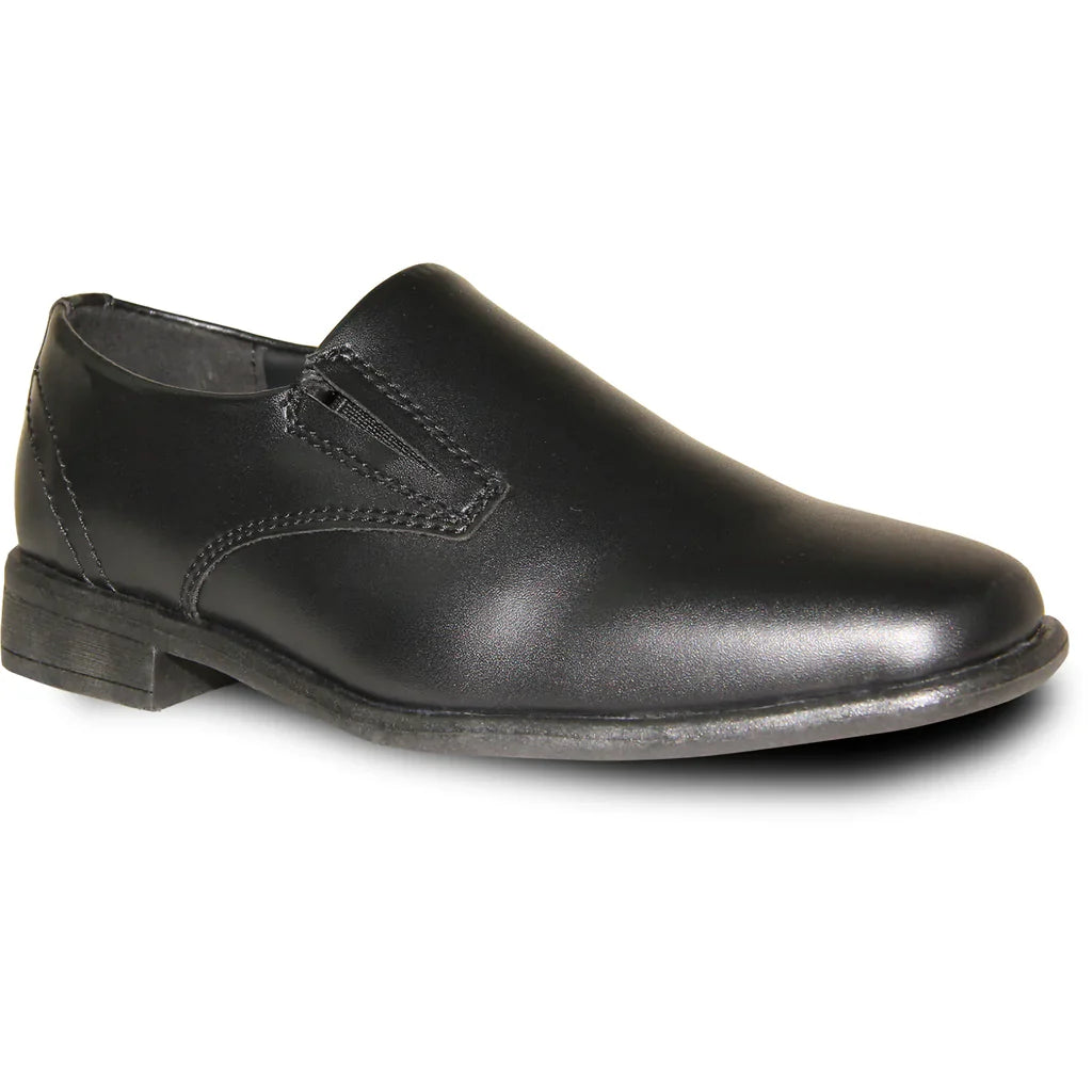Vangelo boys tuxedo dress shoe in black, featuring a pointy square toe and polished shiny finish.