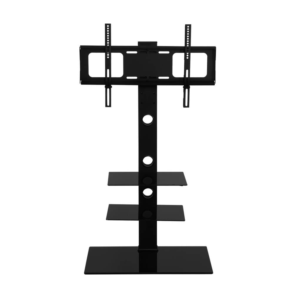 Black adjustable TV floor stand with swivel mount and three tempered glass storage shelves. — view 3