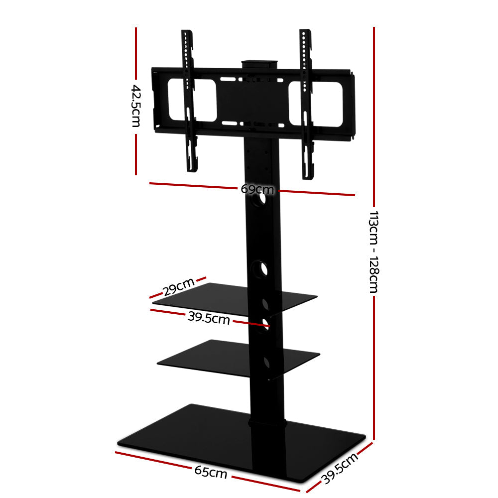 Black adjustable TV floor stand with swivel mount and three tempered glass storage shelves. — view 4