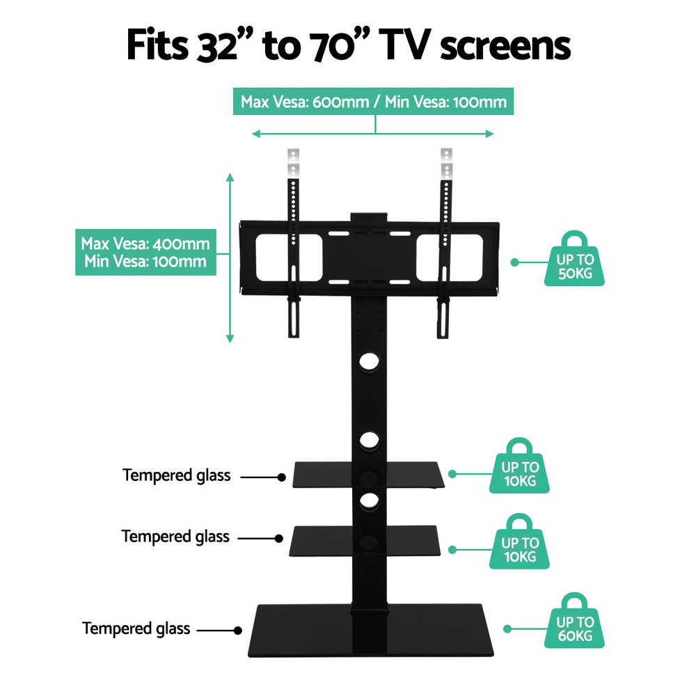 Black adjustable TV floor stand with swivel mount and three tempered glass storage shelves. — view 5