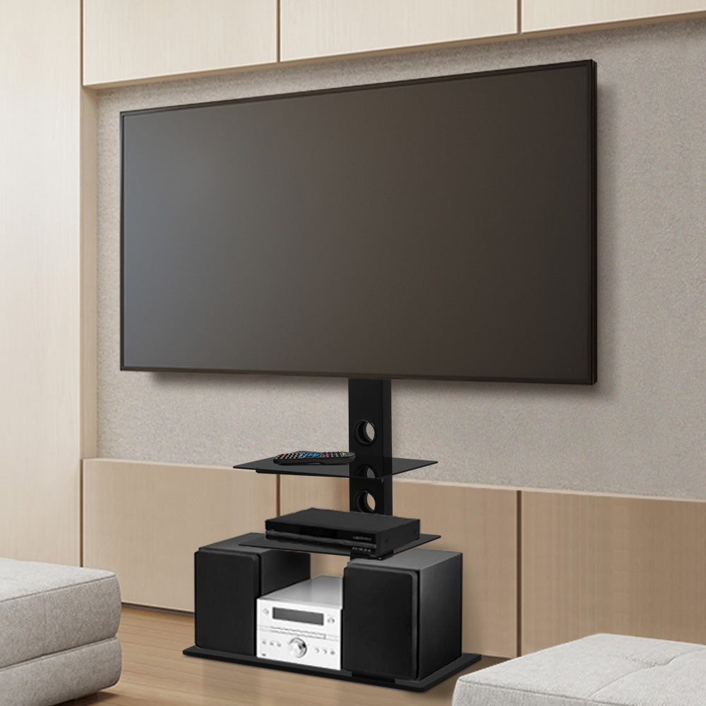 Black adjustable TV floor stand with swivel mount and three tempered glass storage shelves.