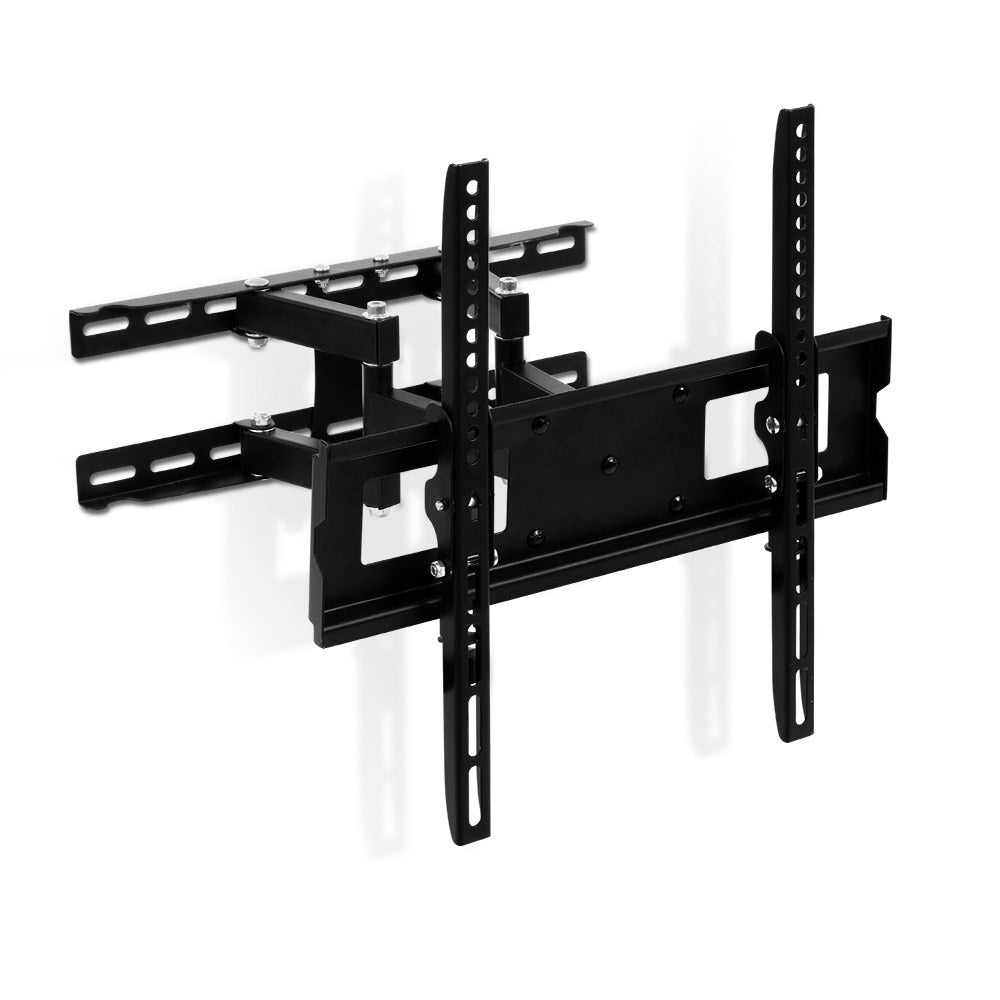 Black full motion TV wall mount bracket with extendable metal arms and swivel mechanism