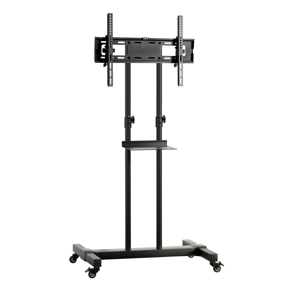 Mobile TV stand trolley cart in black steel with rotating wheels and glass storage shelf. — view 3