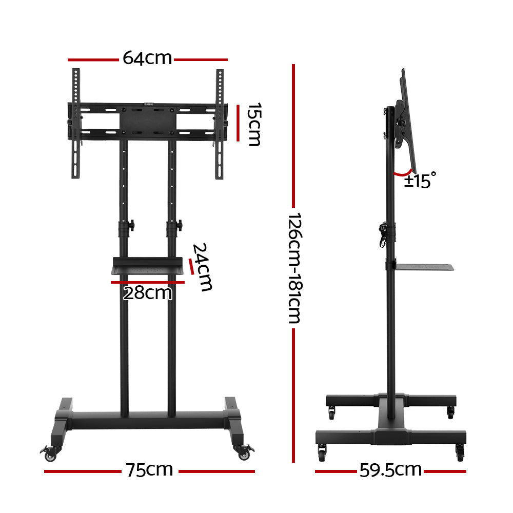 Mobile TV stand trolley cart in black steel with rotating wheels and glass storage shelf. — view 4