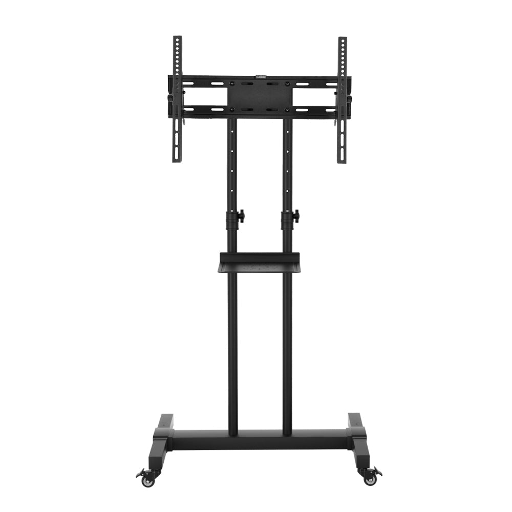 Mobile TV stand trolley cart in black steel with rotating wheels and glass storage shelf. — view 5