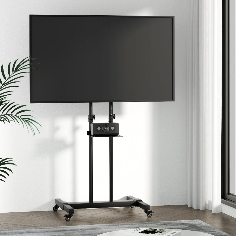 Mobile TV stand trolley cart in black steel with rotating wheels and glass storage shelf.