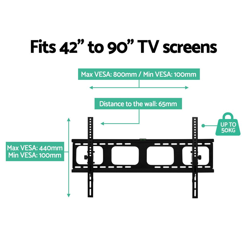 Black powder-coated metal tilting TV wall mount bracket for 42 to 90 inch flat screens — view 4