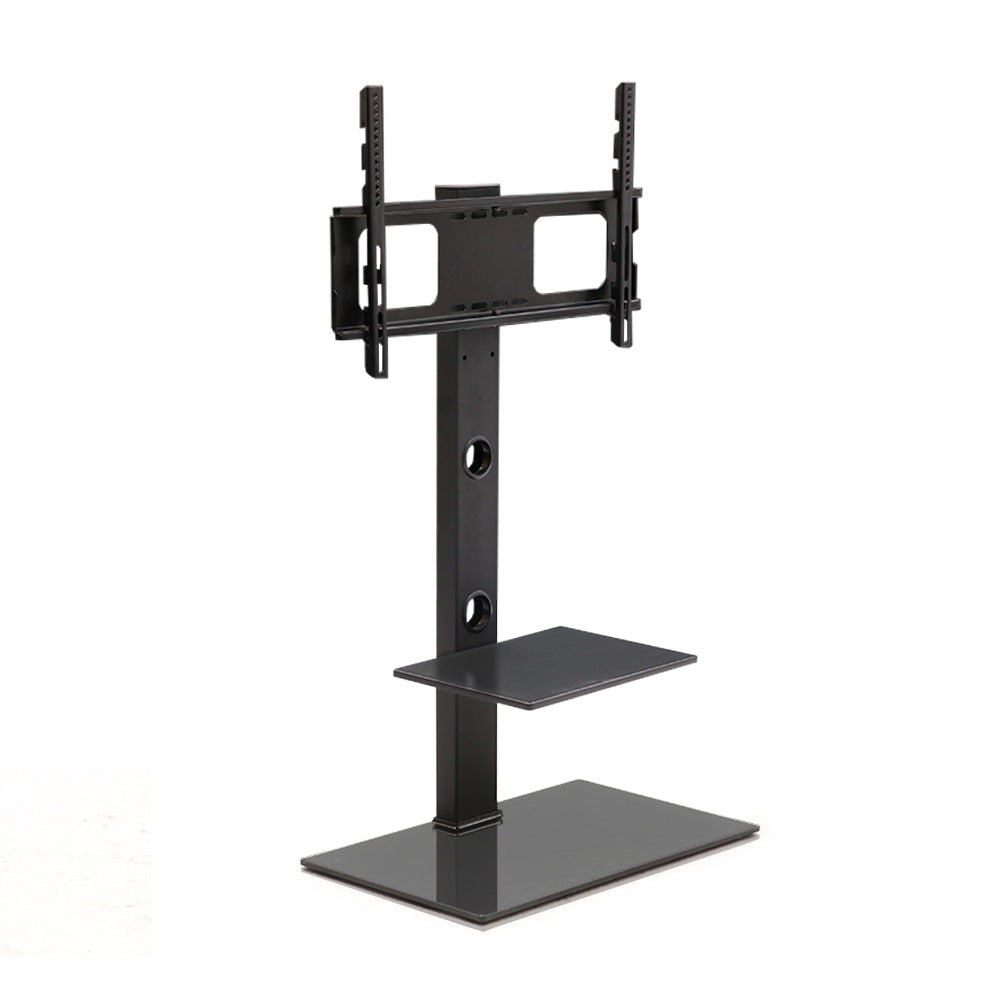 Matte black freestanding swivel TV floor stand with mounting bracket and two tiered storage shelves — view 3