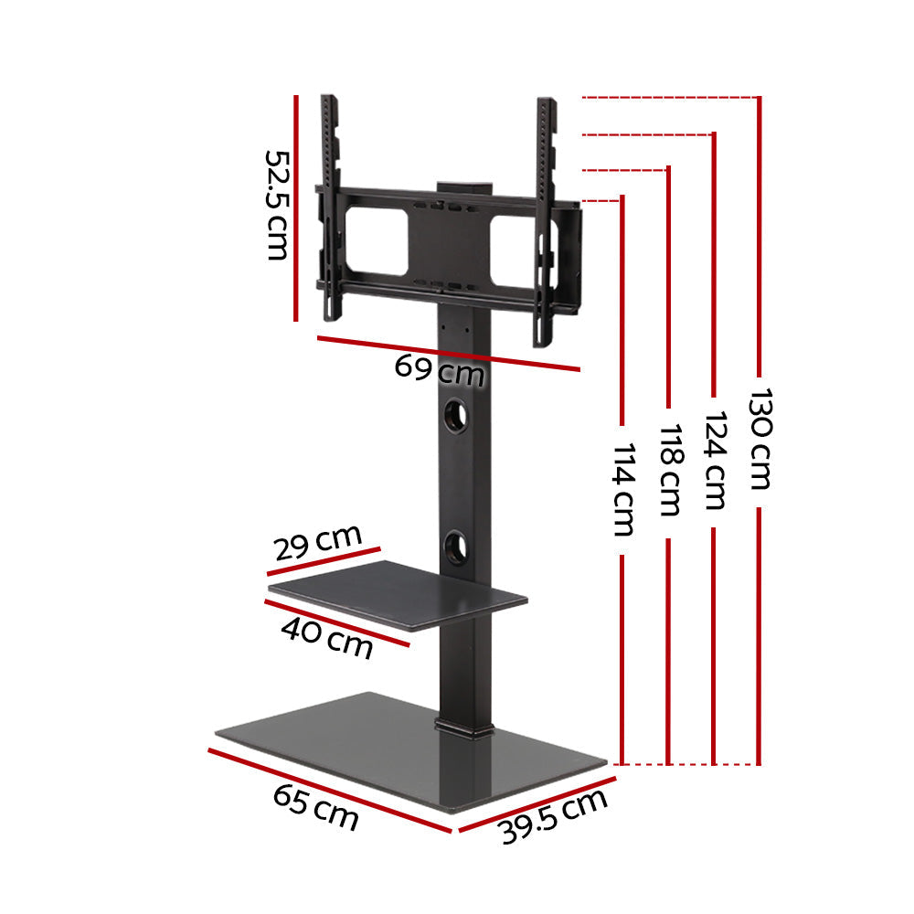 Matte black freestanding swivel TV floor stand with mounting bracket and two tiered storage shelves — view 4