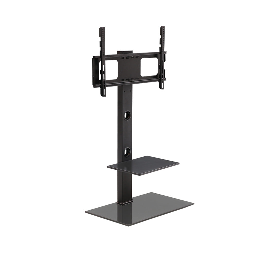 Matte black freestanding swivel TV floor stand with mounting bracket and two tiered storage shelves — view 5