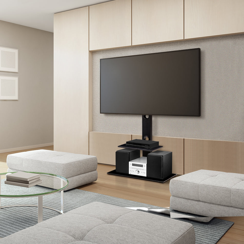 Matte black freestanding swivel TV floor stand with mounting bracket and two tiered storage shelves