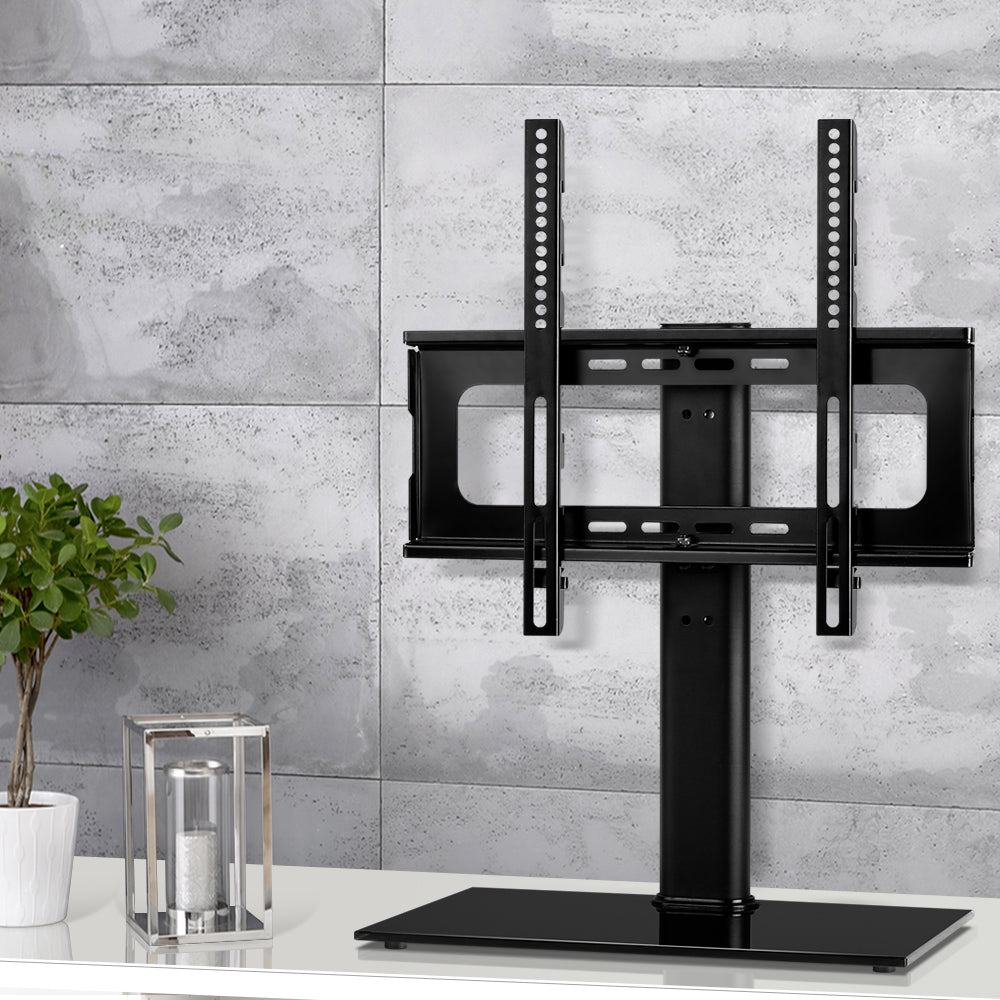 Artiss tabletop TV stand in black metal with tempered glass base and swivel mount bracket