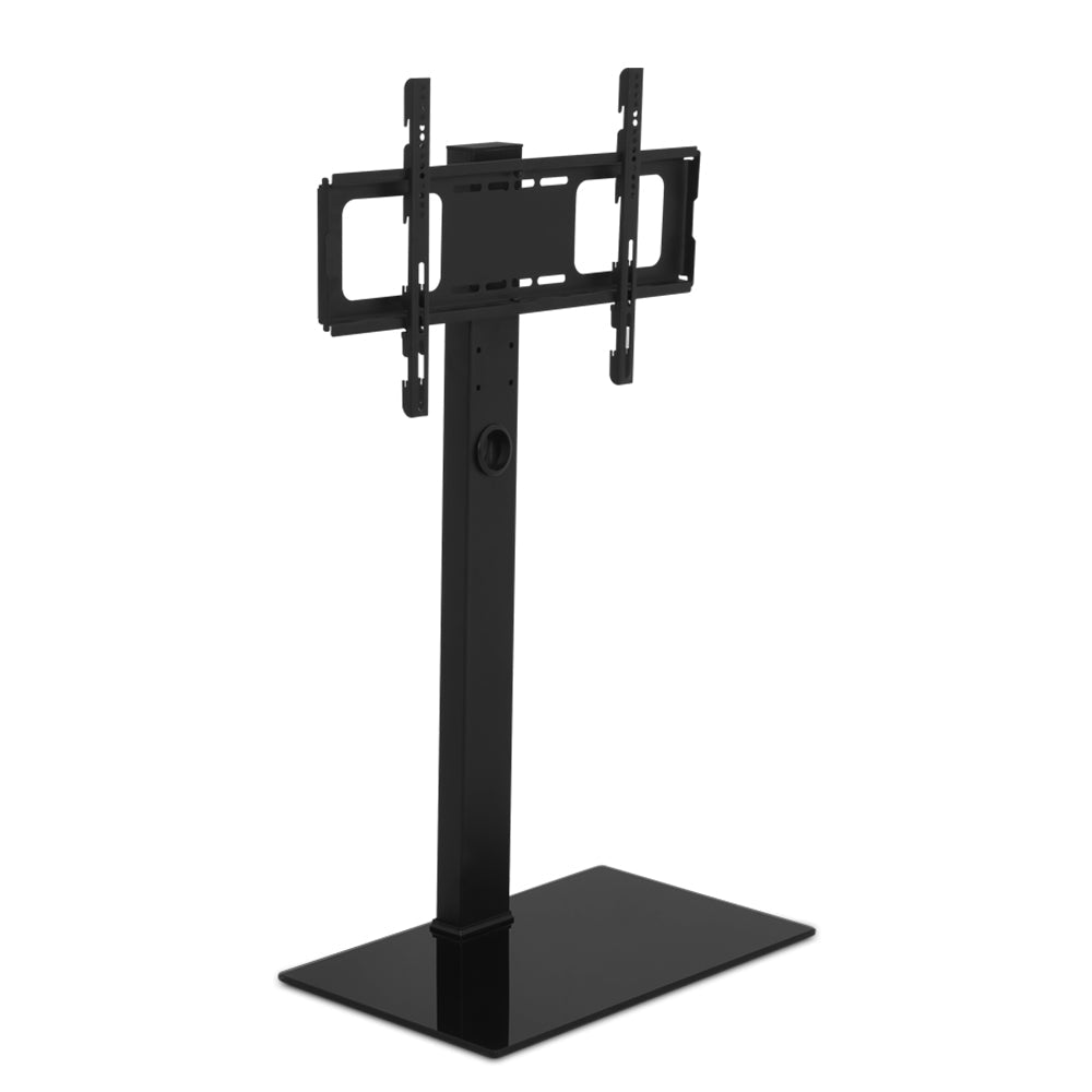 Black freestanding TV floor stand with adjustable mount bracket, storage shelf, and tempered glass base — view 3