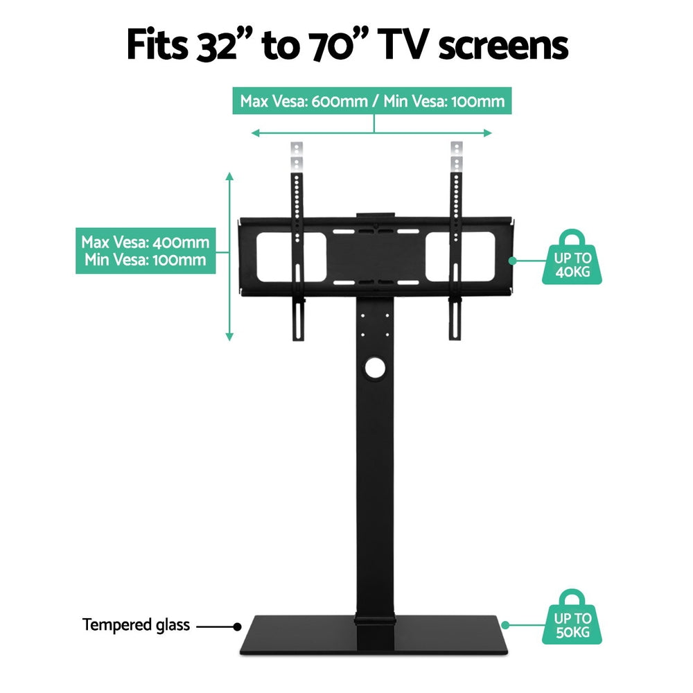 Black freestanding TV floor stand with adjustable mount bracket, storage shelf, and tempered glass base — view 5