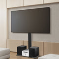 Black freestanding TV floor stand with adjustable mount bracket, storage shelf, and tempered glass base