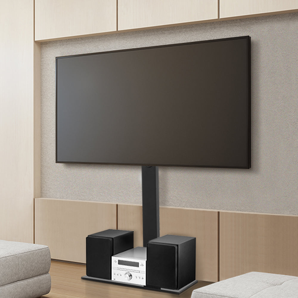 Black freestanding TV floor stand with adjustable mount bracket, storage shelf, and tempered glass base