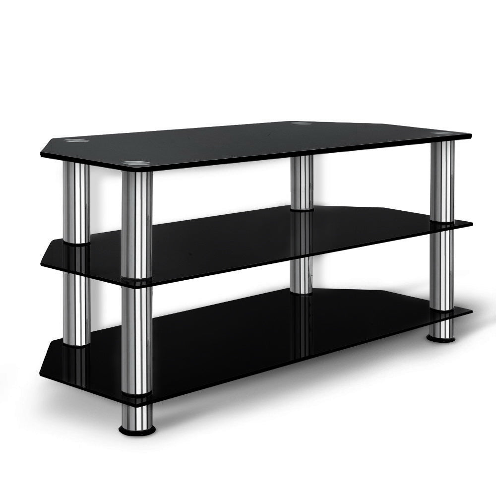 Black tempered glass three-tier TV stand with stainless steel support tubes for living room media. — view 3