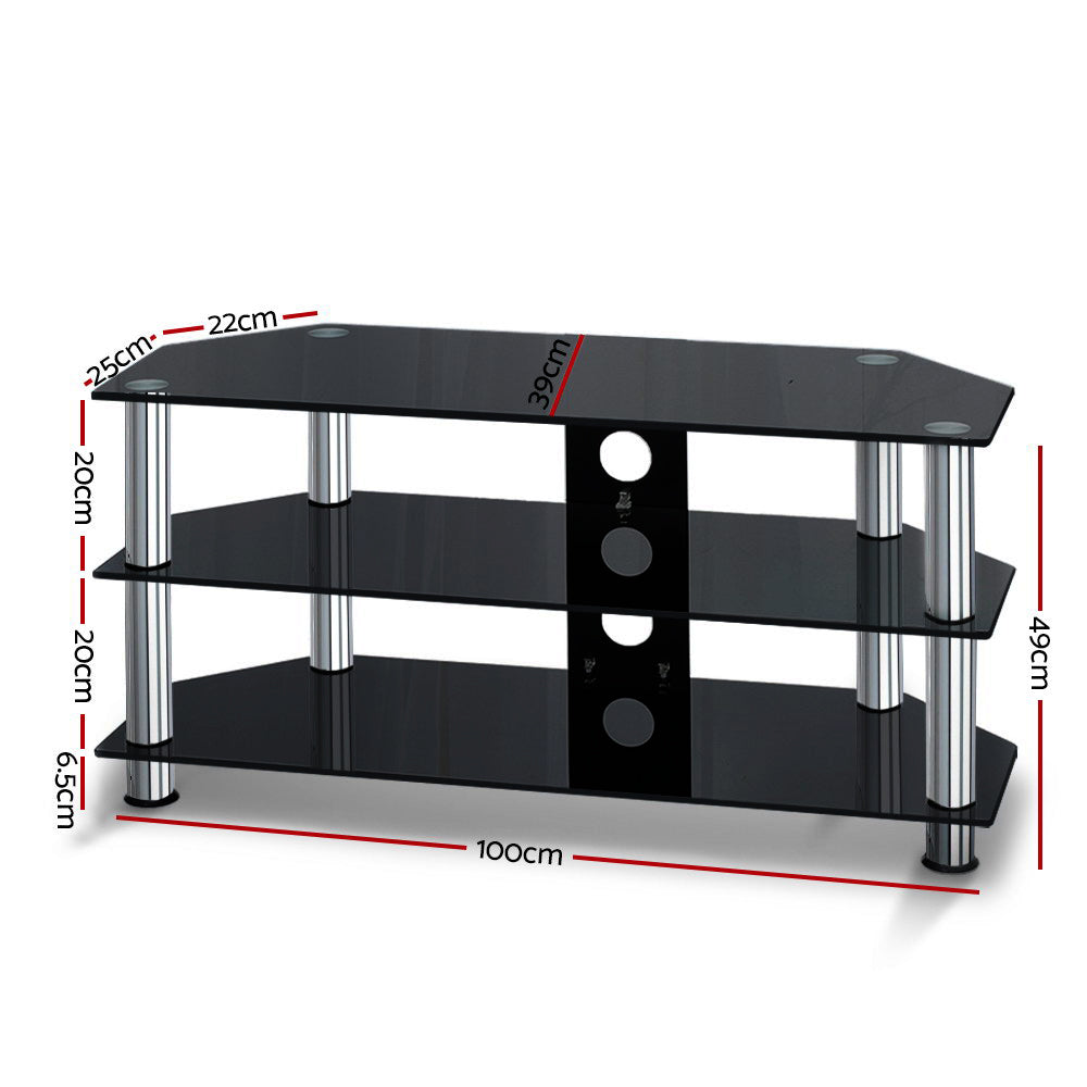 Black tempered glass three-tier TV stand with stainless steel support tubes for living room media. — view 4
