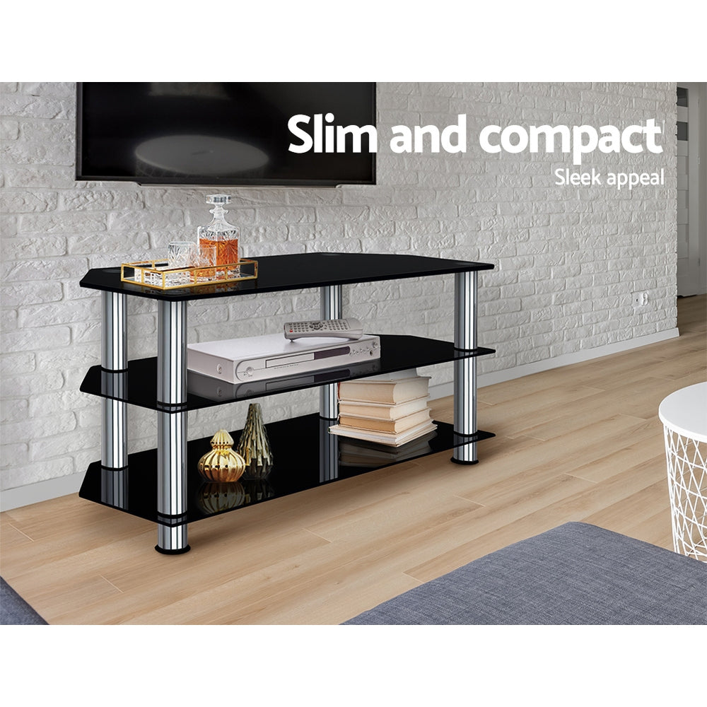 Black tempered glass three-tier TV stand with stainless steel support tubes for living room media. — view 5