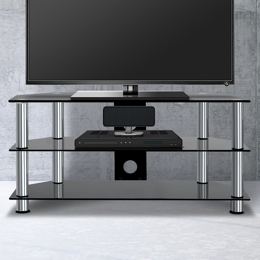Black tempered glass three-tier TV stand with stainless steel support tubes for living room media.
