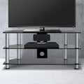 Black tempered glass three-tier TV stand with stainless steel support tubes for living room media.