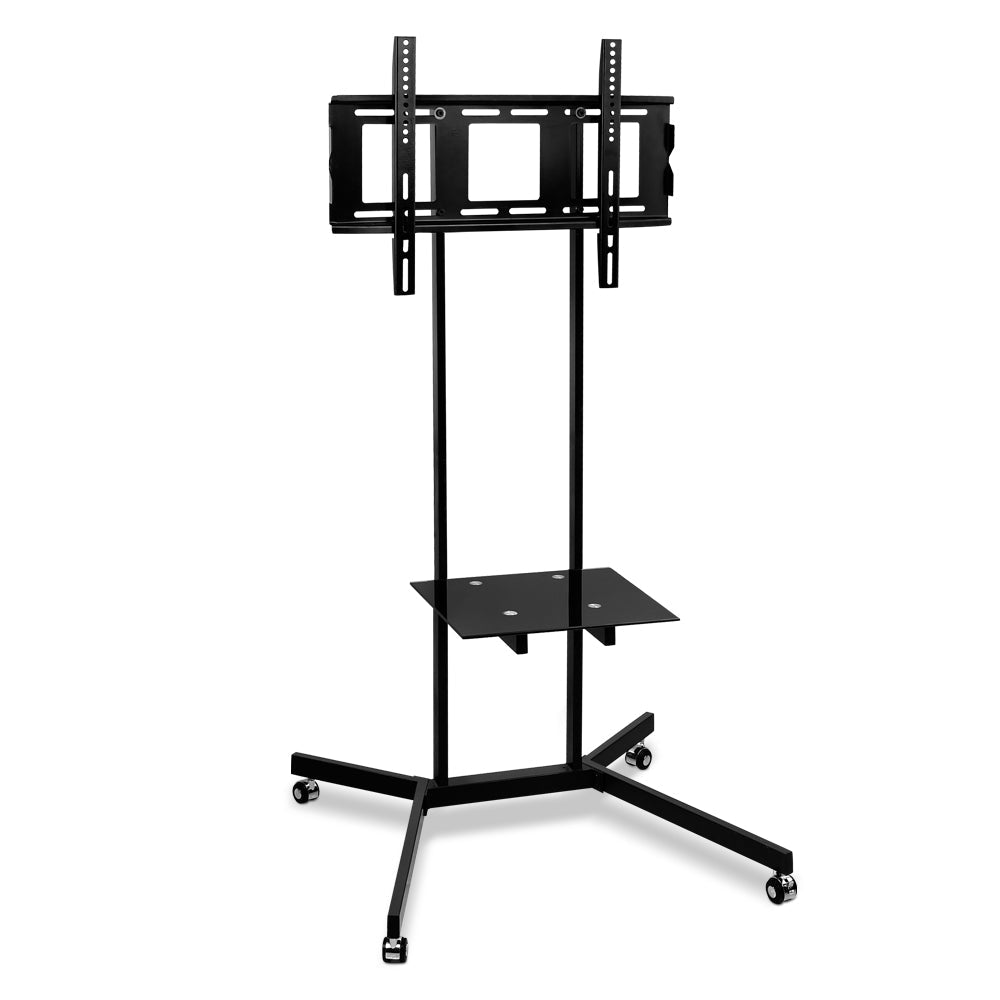 Black powder-coated mobile TV stand with lockable wheels and tempered glass media shelf — view 3