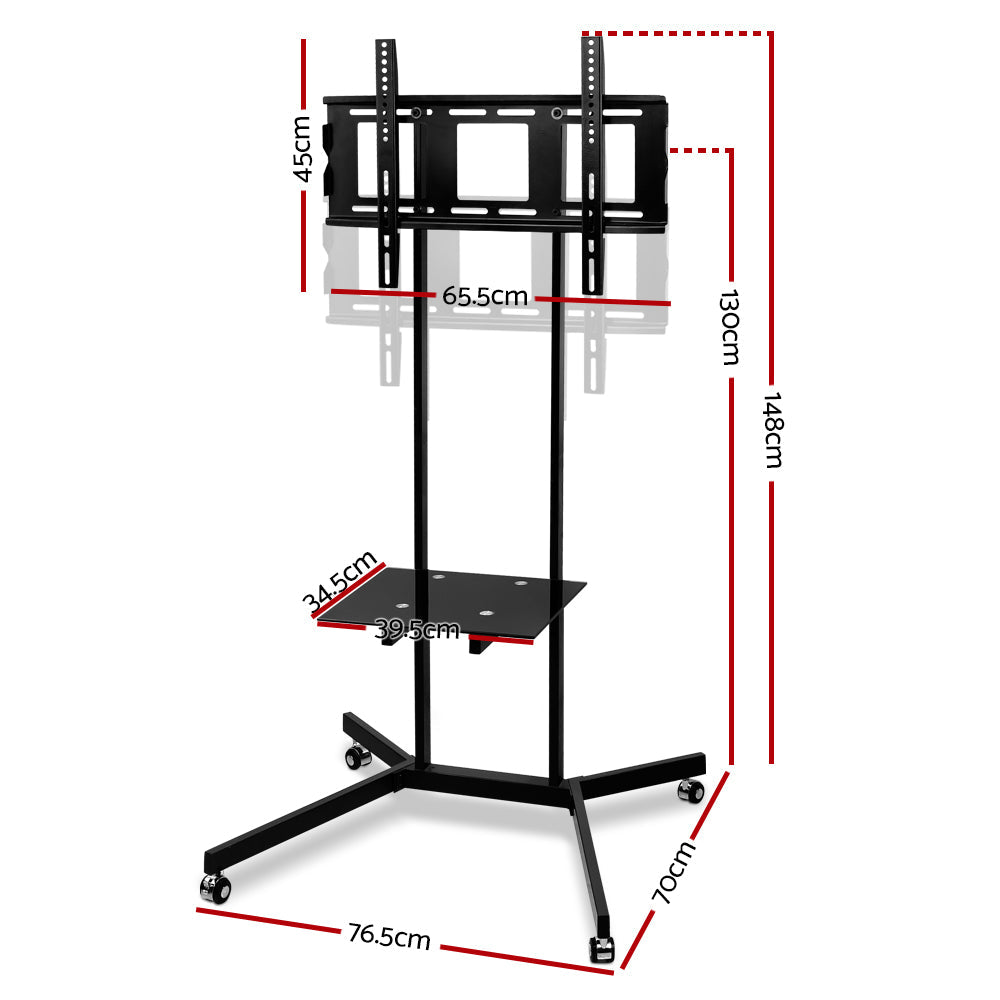 Black powder-coated mobile TV stand with lockable wheels and tempered glass media shelf — view 4
