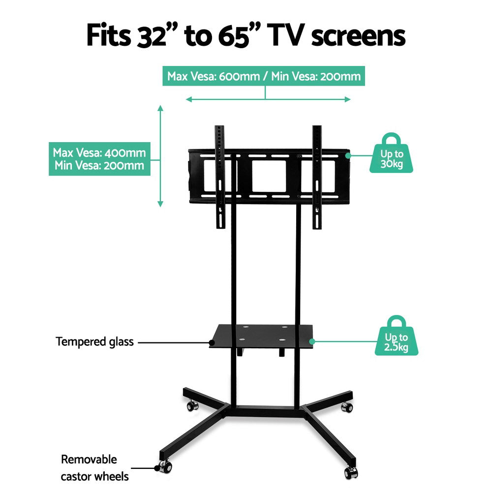 Black powder-coated mobile TV stand with lockable wheels and tempered glass media shelf — view 5