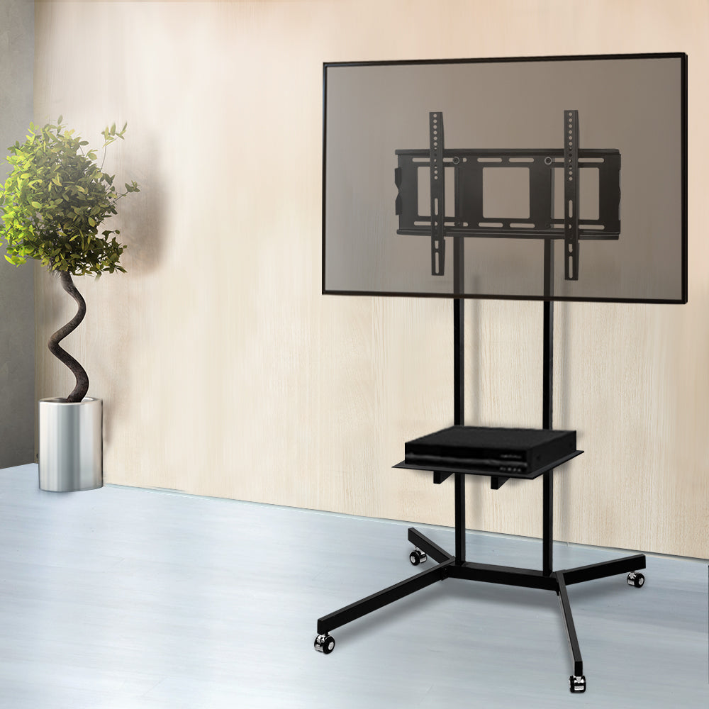 Black powder-coated mobile TV stand with lockable wheels and tempered glass media shelf