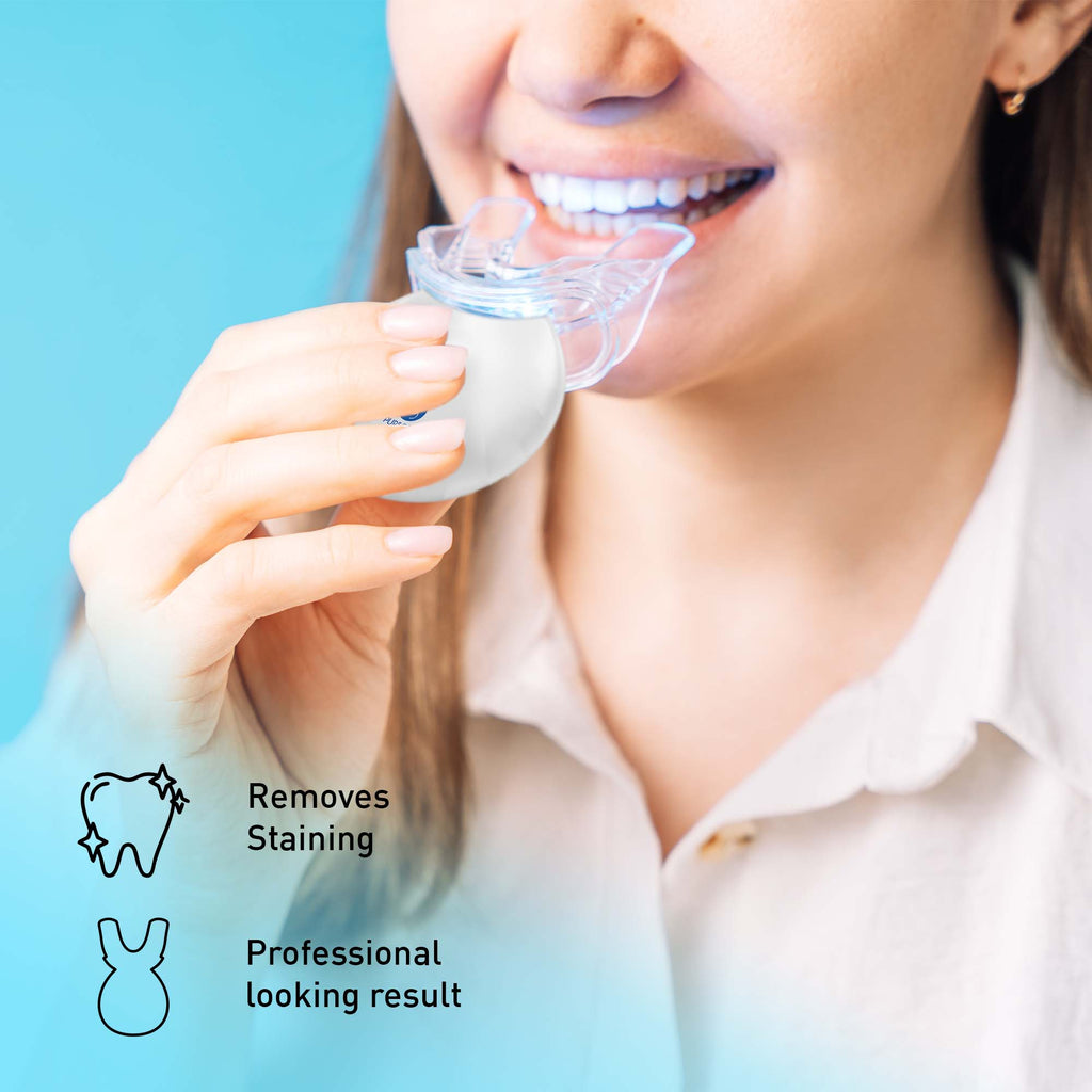 Advanced LED teeth whitening kit with blue light mouthpiece and enamel-safe gel syringes. — view 3