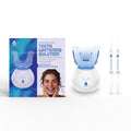 Advanced LED teeth whitening kit with blue light mouthpiece and enamel-safe gel syringes.
