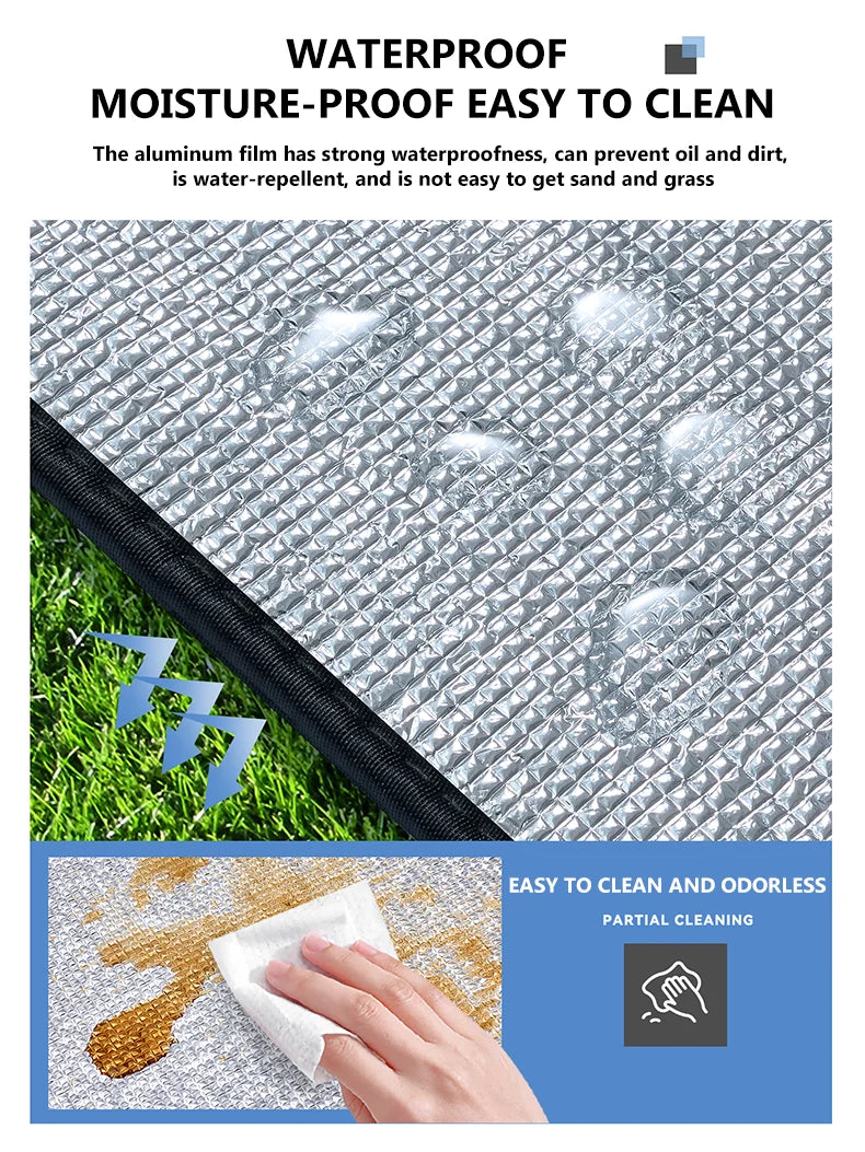 Waterproof silver aluminum outdoor picnic mat folded compactly next to its convenient portable storage bag — view 4