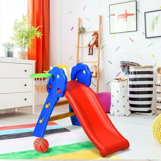 Plastic indoor kids folding slide with basketball hoop and two step non-slip ladder. — view 3