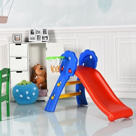 Plastic indoor kids folding slide with basketball hoop and two step non-slip ladder. — view 5