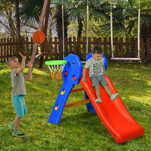 Plastic indoor kids folding slide with basketball hoop and two step non-slip ladder. — view 6