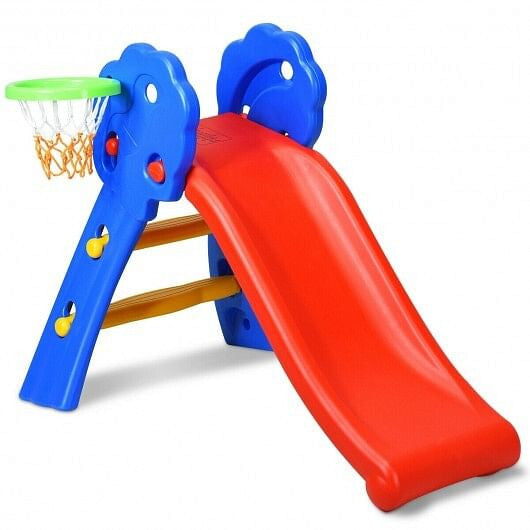 Plastic indoor kids folding slide with basketball hoop and two step non-slip ladder. — view 4