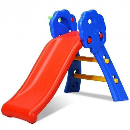 Plastic indoor kids folding slide with basketball hoop and two step non-slip ladder. — view 2