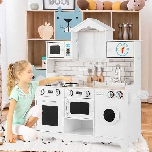 Wooden kids play kitchen set with washing machine, sink, oven, and cooking accessories. — view 2