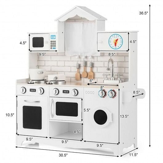 Wooden kids play kitchen set with washing machine, sink, oven, and cooking accessories. — view 4