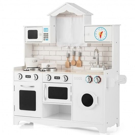 Wooden kids play kitchen set with washing machine, sink, oven, and cooking accessories. — view 5