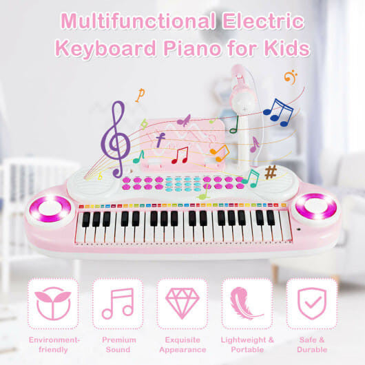 Blue 37 key kids electric piano keyboard with detachable microphone and music stand — view 2