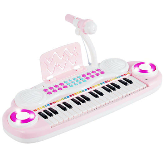 Blue 37 key kids electric piano keyboard with detachable microphone and music stand — view 4