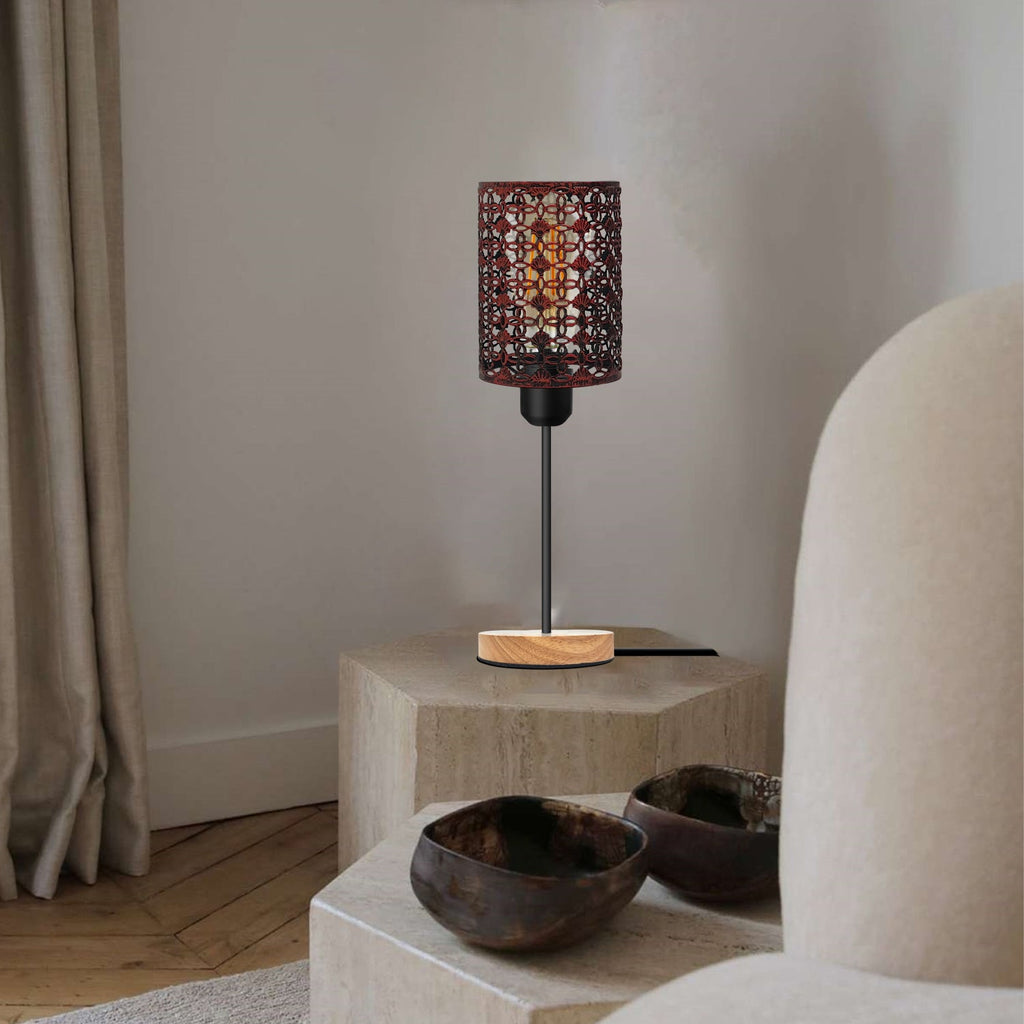 Industrial bedside table lamp with metal barrel cage, natural wooden base, and vintage Edison bulb — view 3