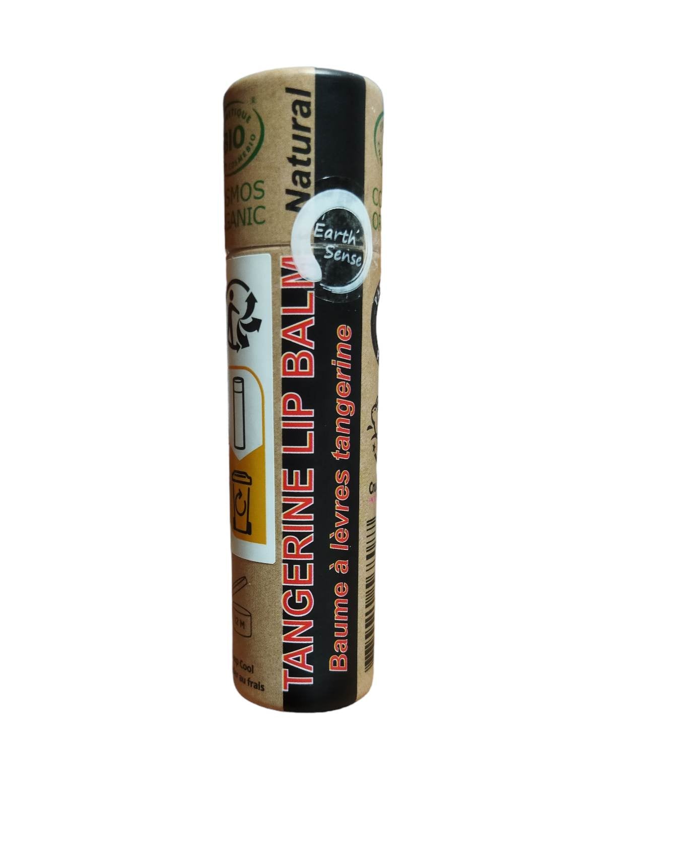 Organic tangerine lip balm in eco-friendly cylindrical paper push tube packaging for zero waste hydration