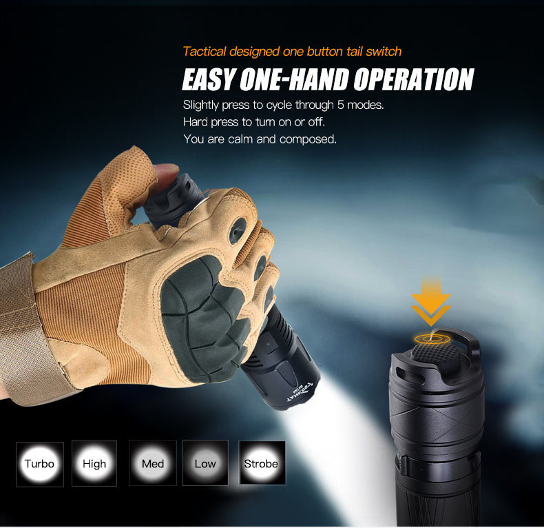 TANK007 KC16 black outdoor tactical flashlight with stainless steel pocket clip and wrist lanyard — view 3